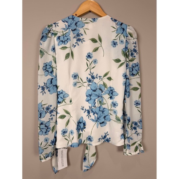 YUMI KIM Wrap Blouse Blue Floral Print Long Sleeve Tie Waist Size L NWT - Picture 8 of 14